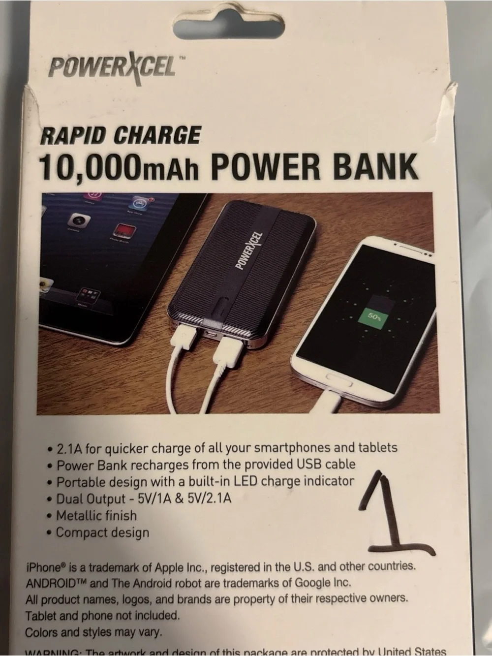 PowerXcel Power Bank Black, 10,000 mAh Rapid Charge Portable Charger - NEW